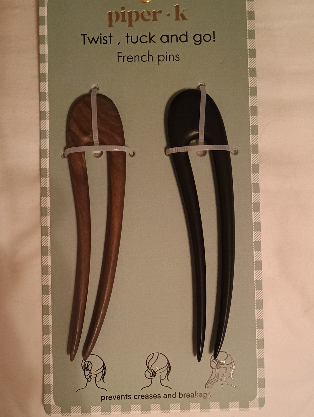 NWT Piper K Twist Tuck & Go Wooden French Pins Hair Forks Set Of 2.